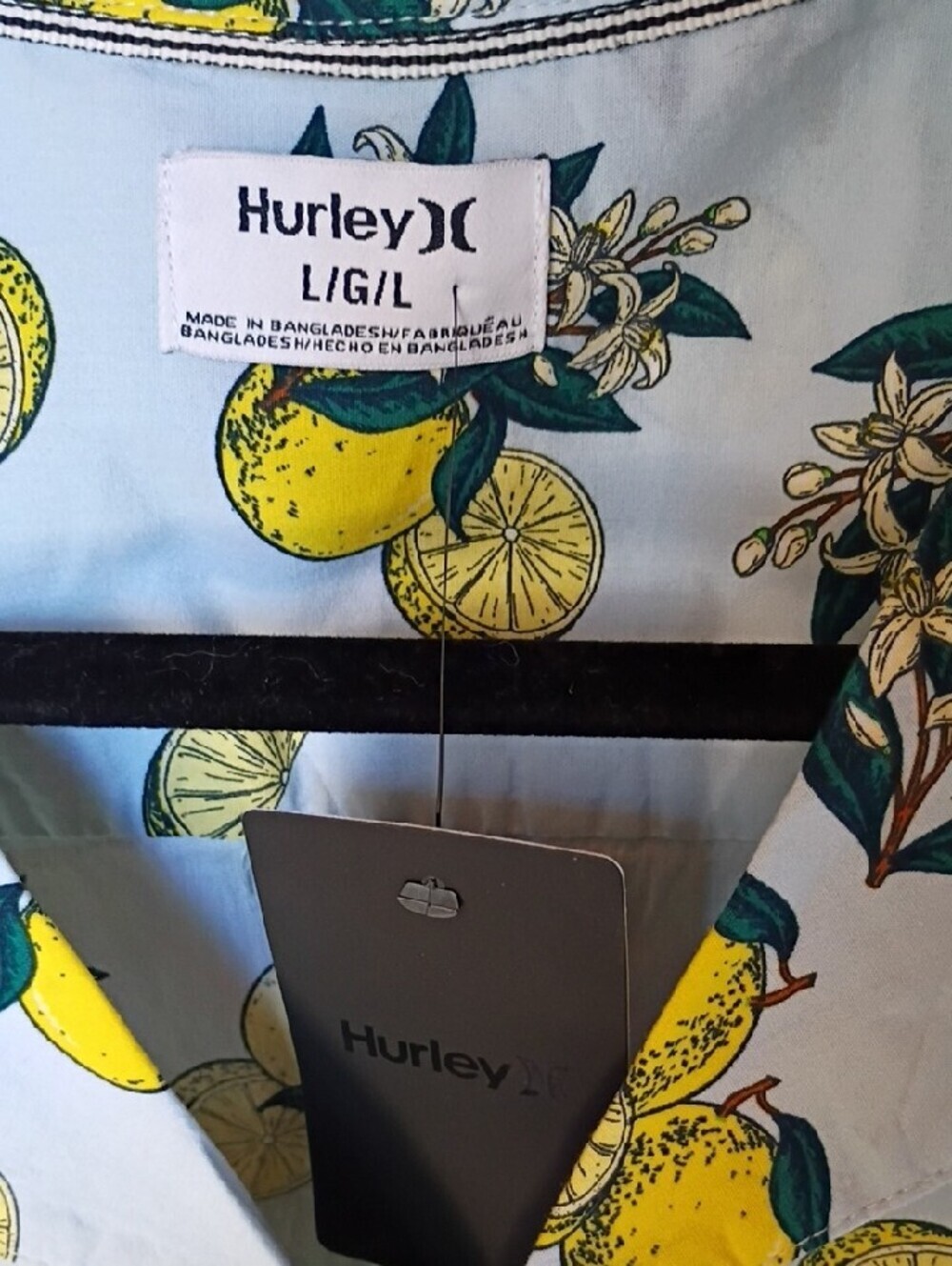 Hurley Men's Light Blue Short-Sleeve Lemon Print Button-Down Shirt Size L - Picture 3 of 9